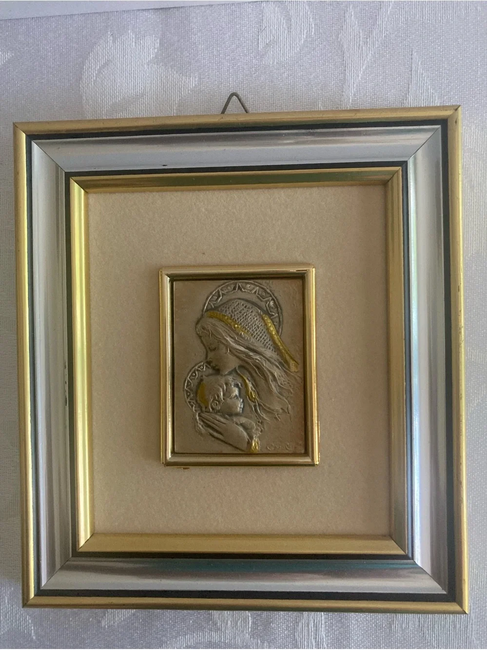 Sterling Silver Madonna and Child Set in a Wooden Frame Made in Italy